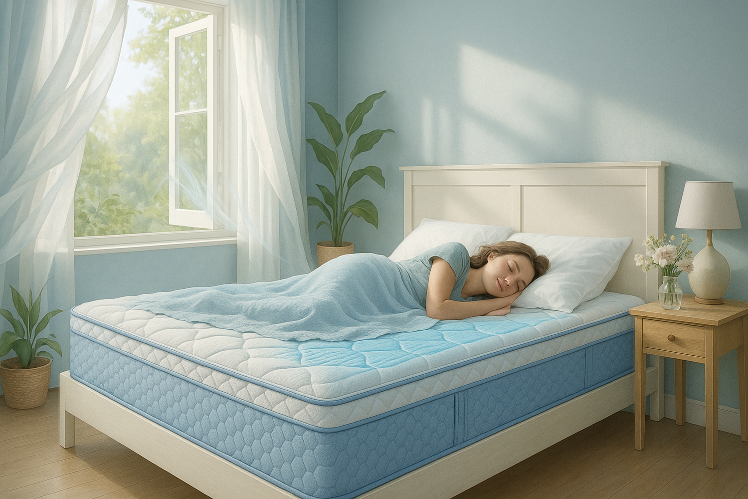 Woman sleeping comfortably on a blue mattress in a bright bedroom with open window and plants