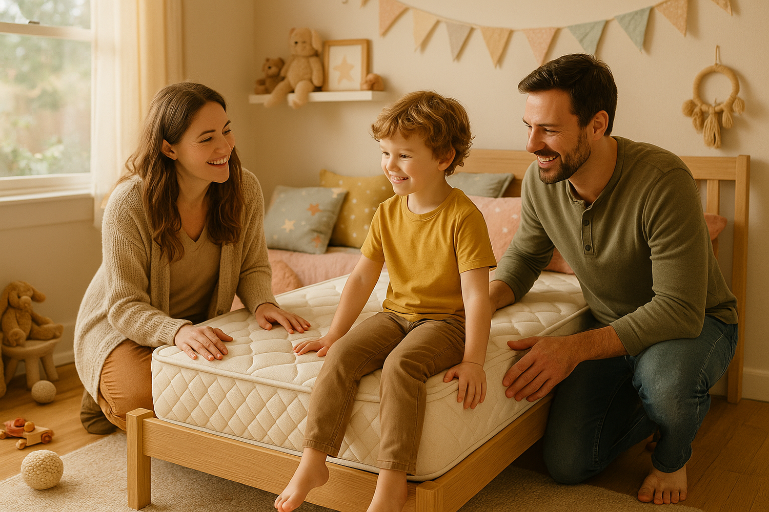 Happy parents and child testing a new mattress in a cozy, decorated child's bedroom