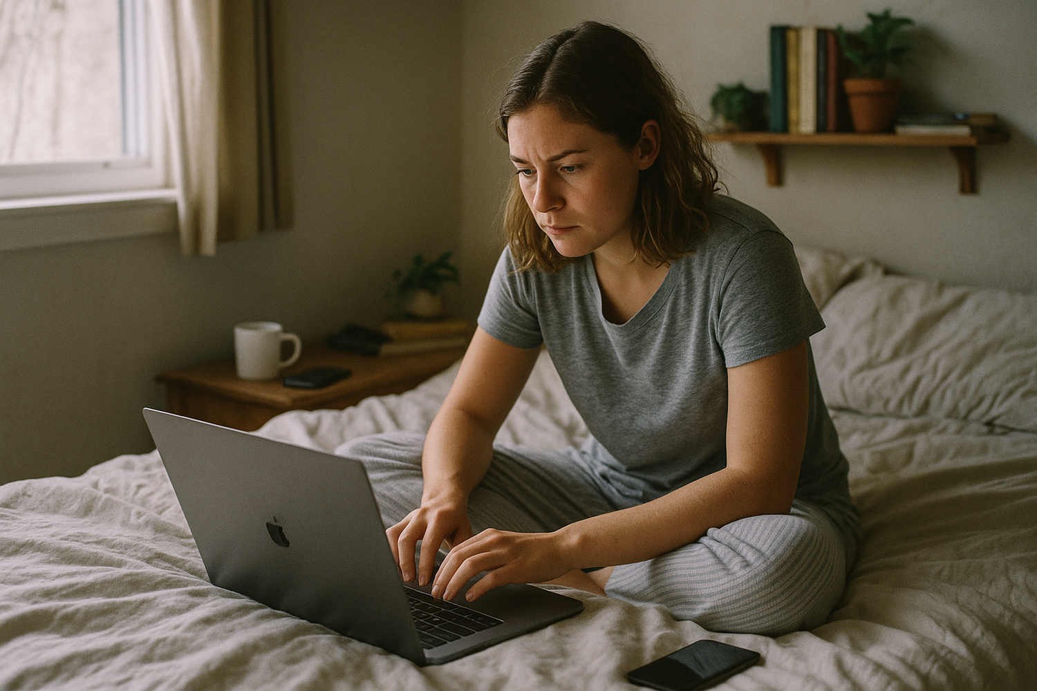 Young woman in gray pajamas using laptop on bed in cozy bedroom with plants and books