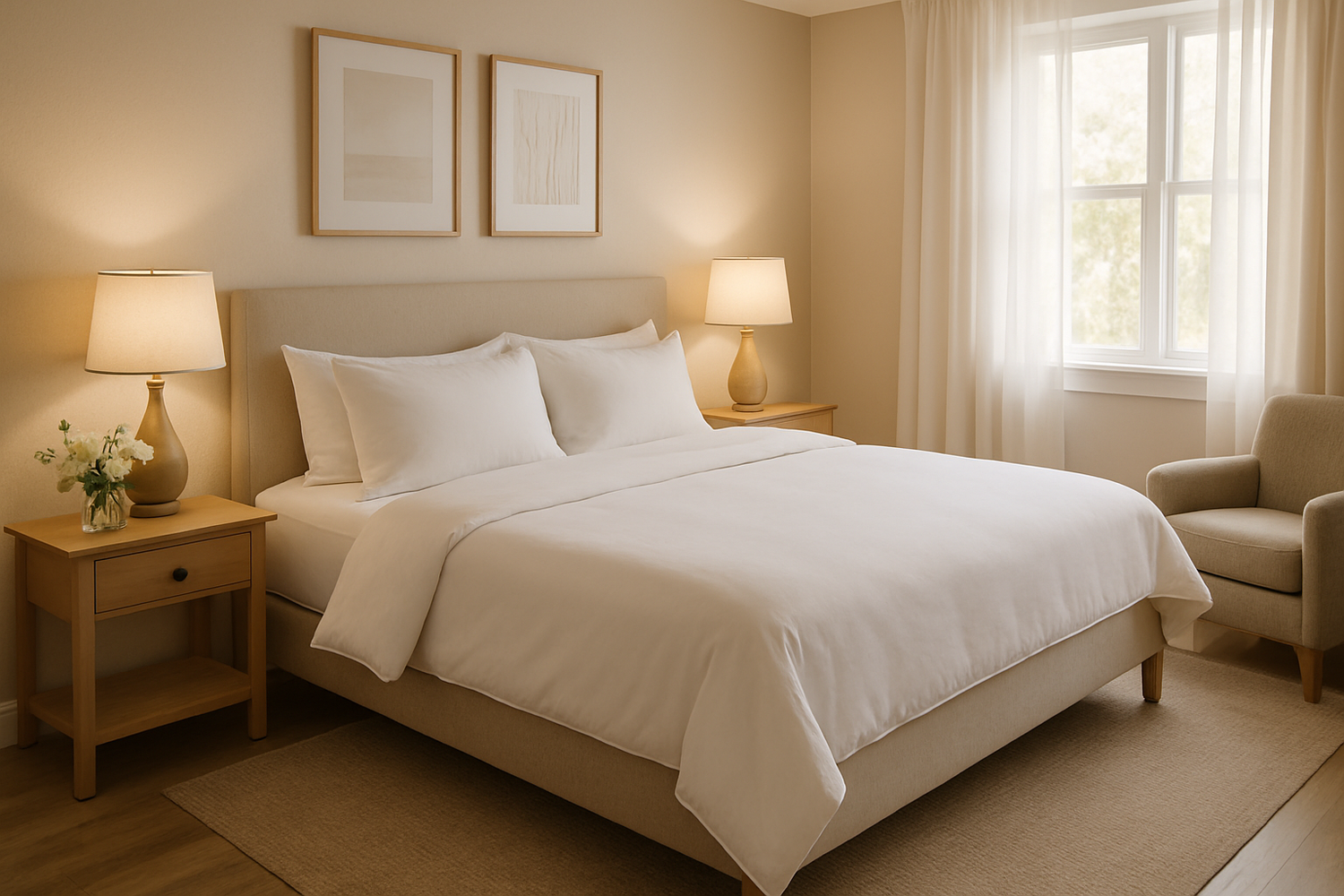 Cozy guest bedroom with king-size bed, white bedding, wooden nightstands, lamps, and beige armchair
