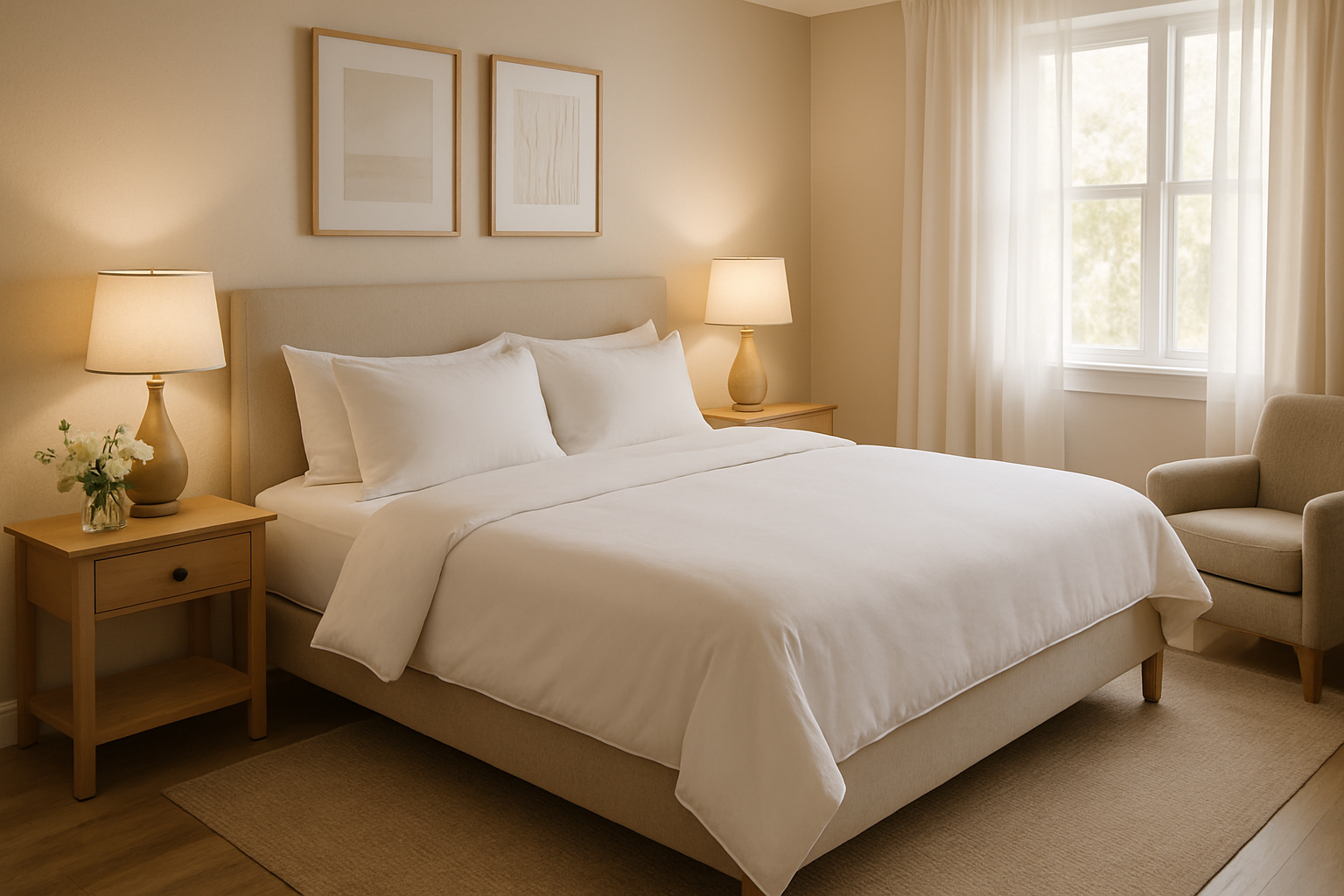 Cozy guest bedroom with king-size bed, white bedding, wooden nightstands, lamps, and beige armchair