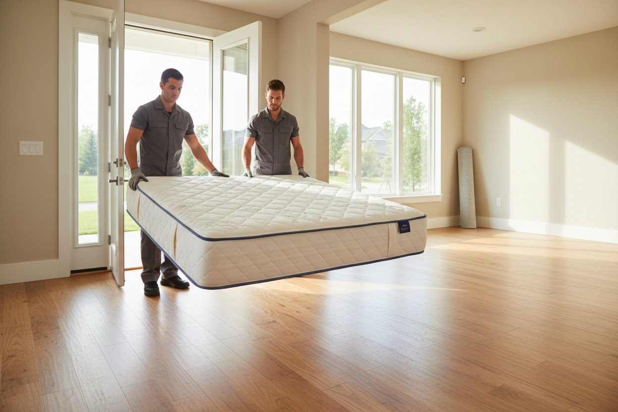 Two movers carrying a queen mattress into a bright empty home with hardwood floors