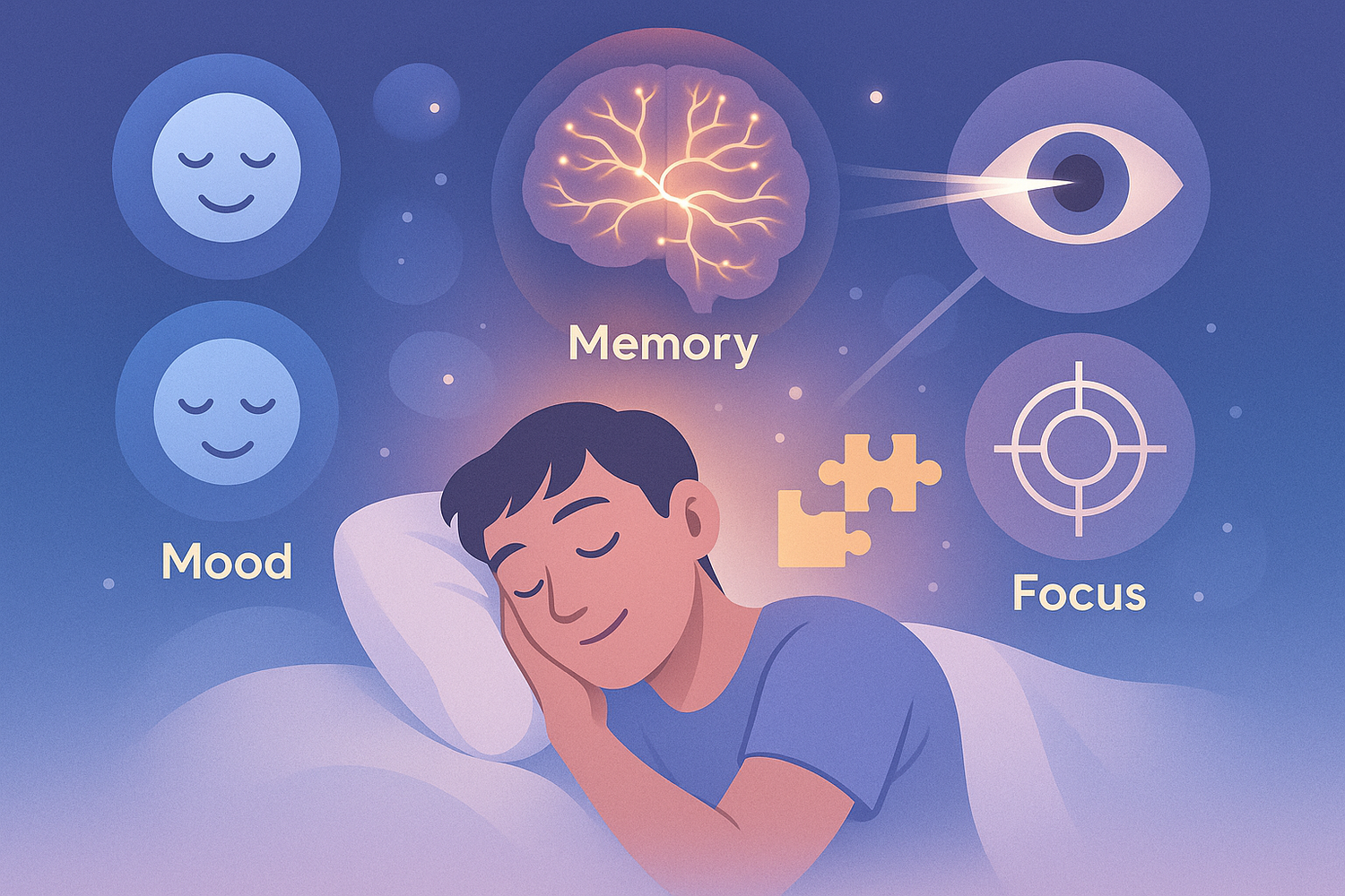 Illustration of a person peacefully sleeping with icons representing sleep benefits on mood, memory, and focus
