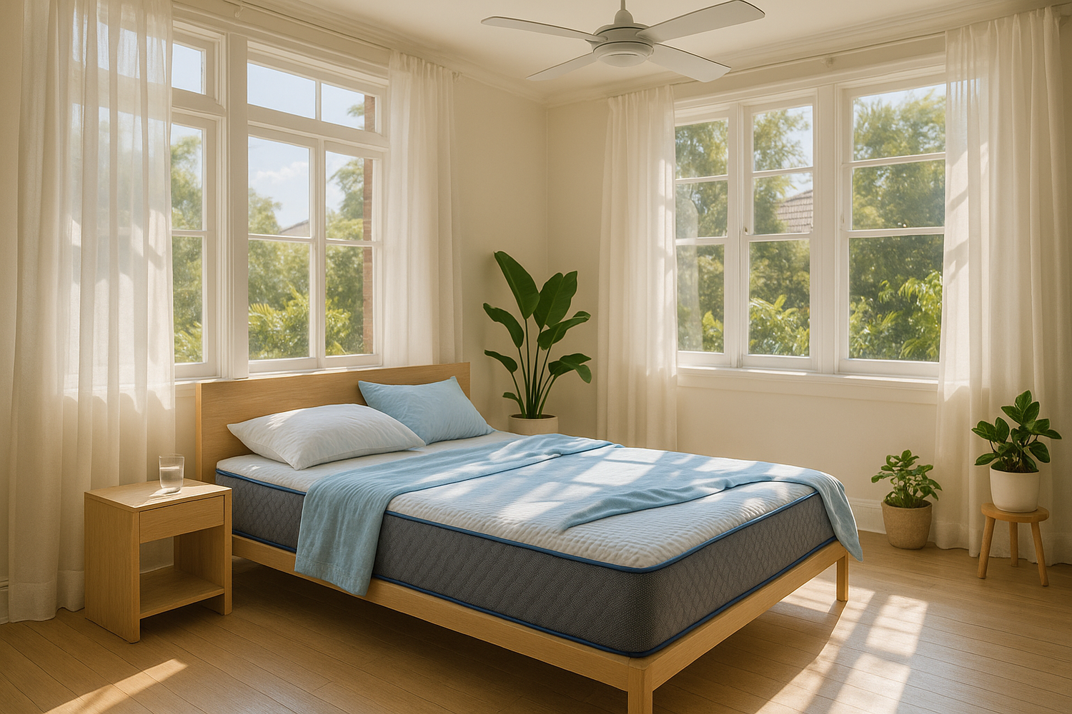 Bright bedroom with wooden bed, breathable mattress, blue bedding, and green plants near large windows
