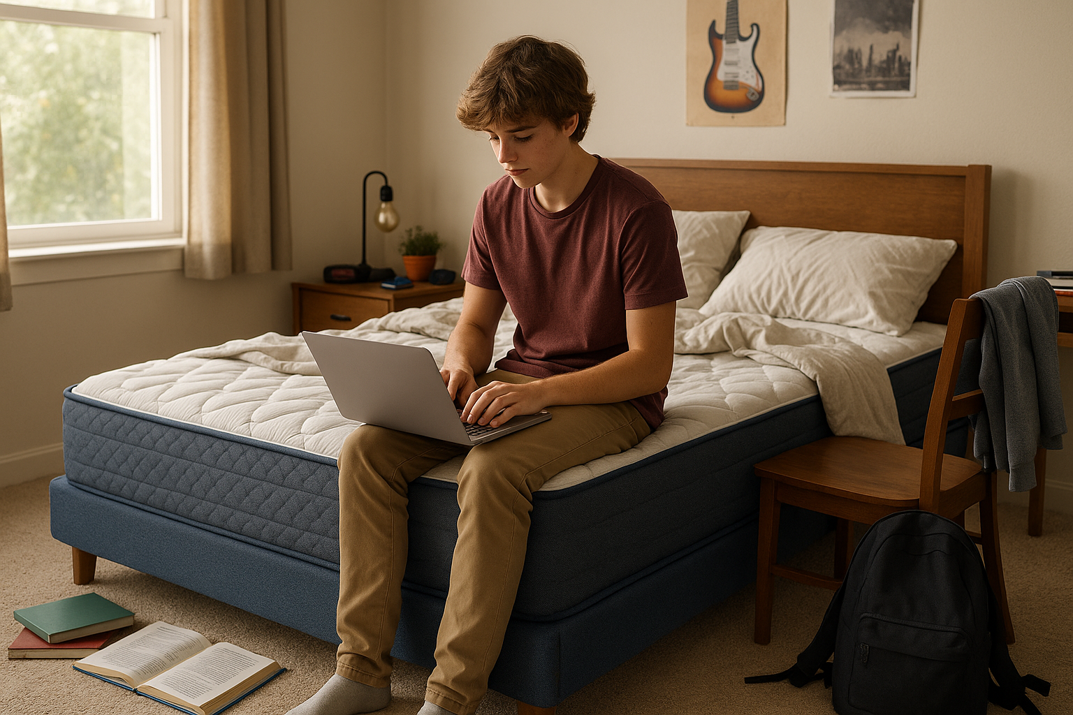 Teen boy sitting on bed in bedroom using laptop with books and backpack nearby, cozy study setting