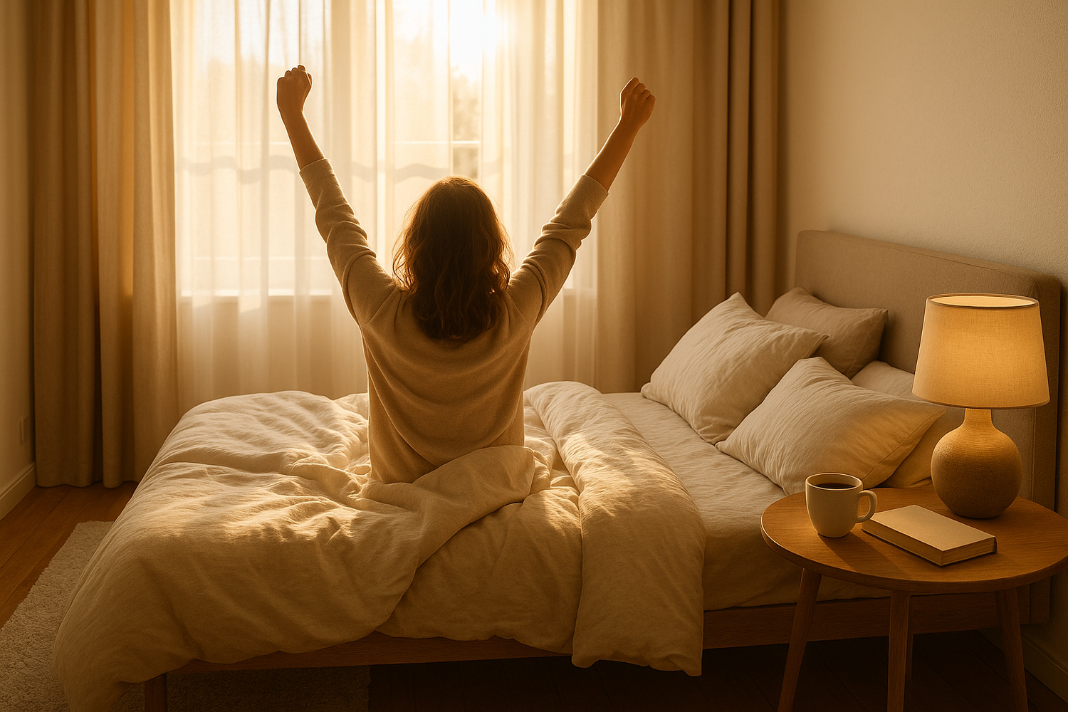 Woman stretching in cozy beige bedroom with warm morning sunlight through curtains