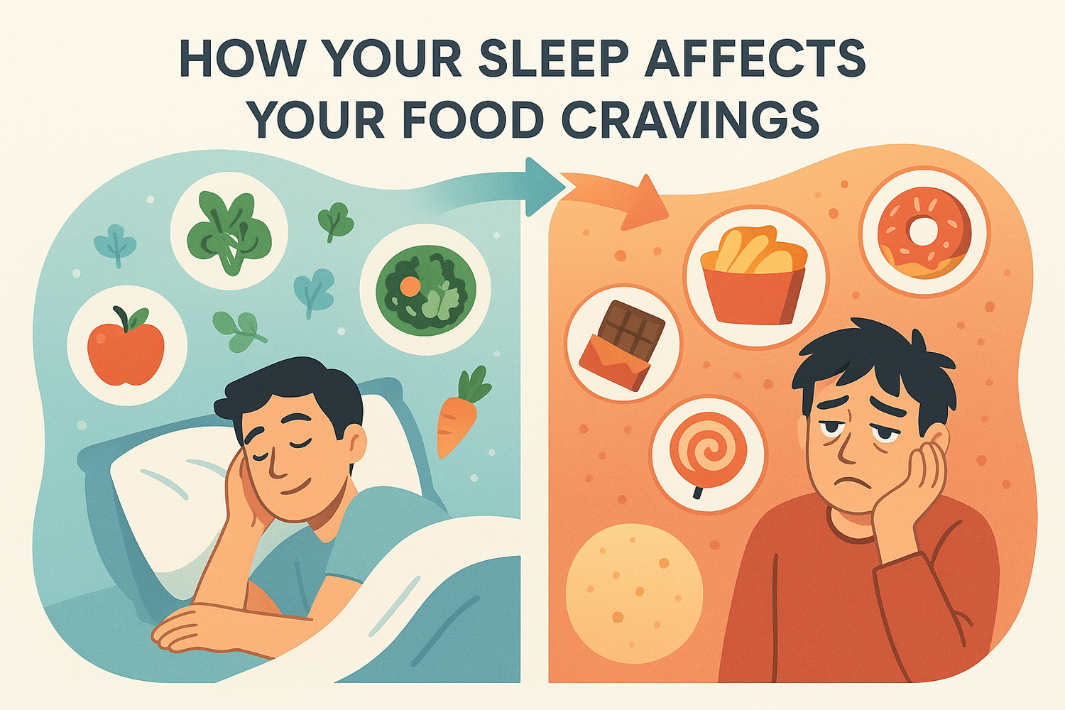 Illustration showing how good sleep leads to healthy food cravings and poor sleep leads to unhealthy cravings
