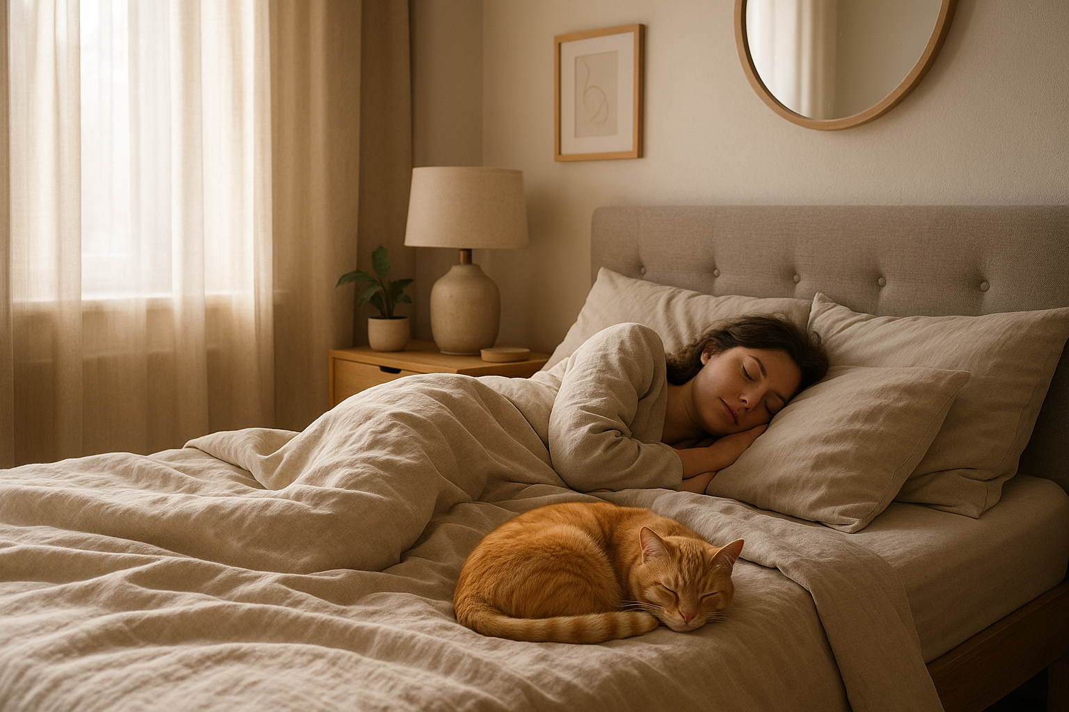 Woman sleeping on bed with a ginger cat curled up nearby in cozy, neutral-toned bedroom