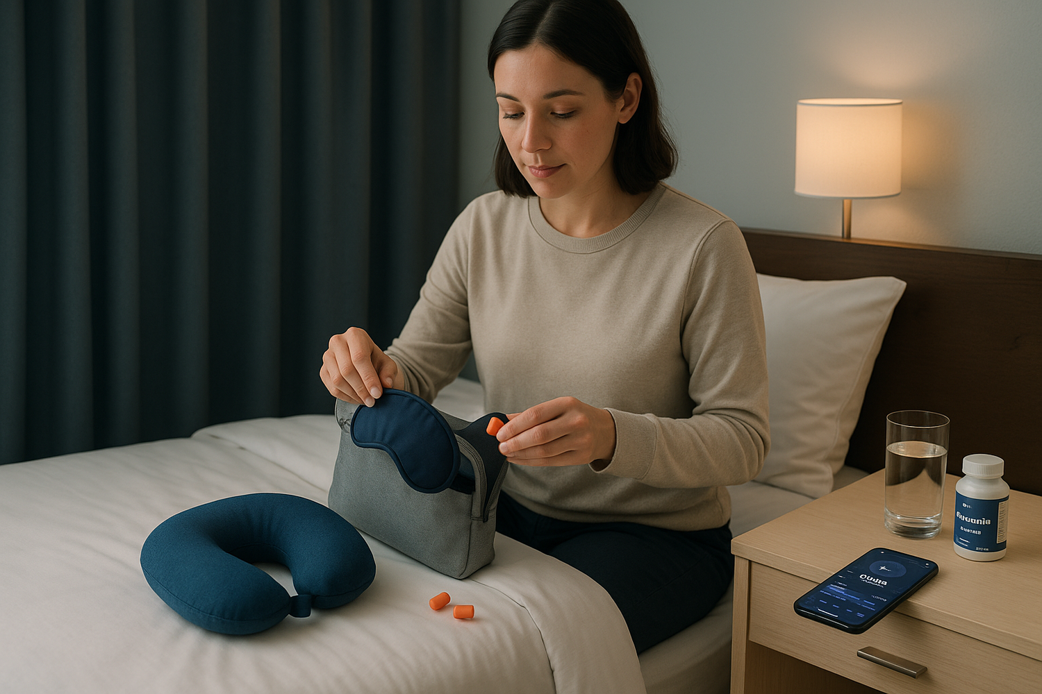 Woman packing sleep essentials including earplugs and eye mask on bed for managing jet lag