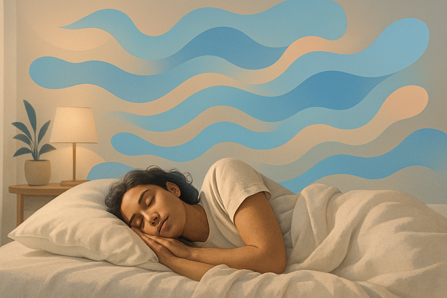Person peacefully sleeping in bed with blue waves above, white bedding, lamp, and plant in bedroom