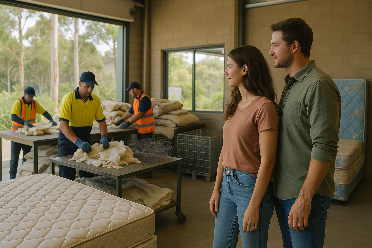 Couple observing workers processing mattress stuffing in a factory with natural light