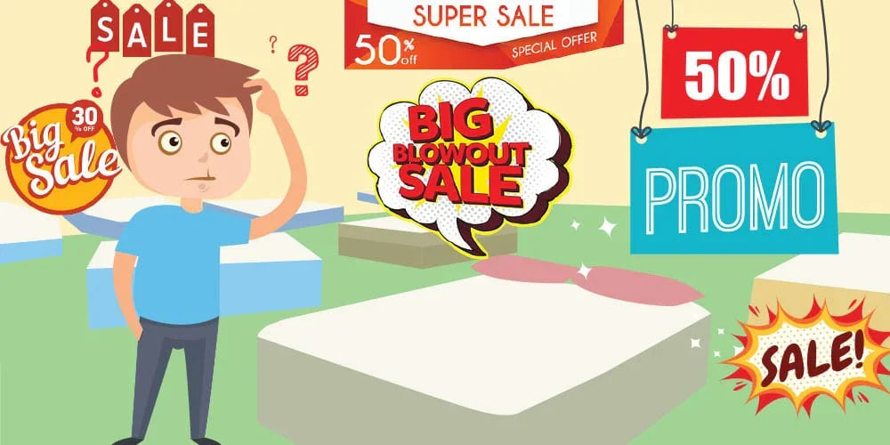 Cartoon man confused in mattress store surrounded by sale signs with discounts up to 50% off promo