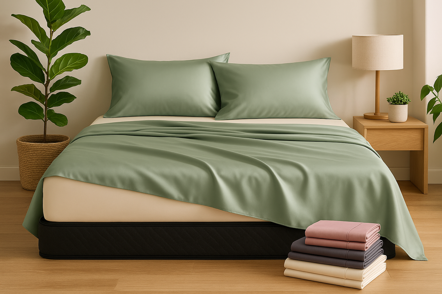 Modern bedroom with sage green satin bed sheets, pillows, and folded sheets in various colors