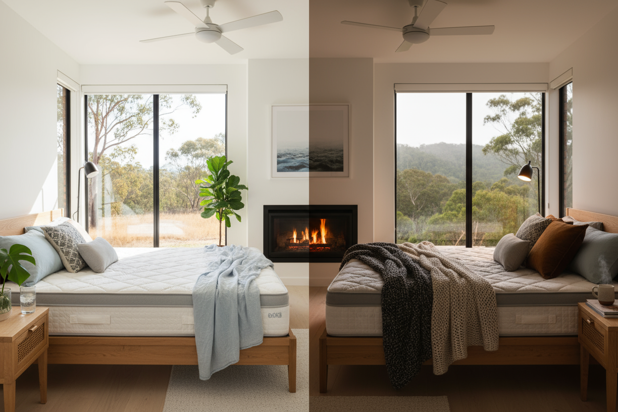 Modern bedroom split day and night with wooden bed, cozy blankets, fireplace, and large windows overlooking trees