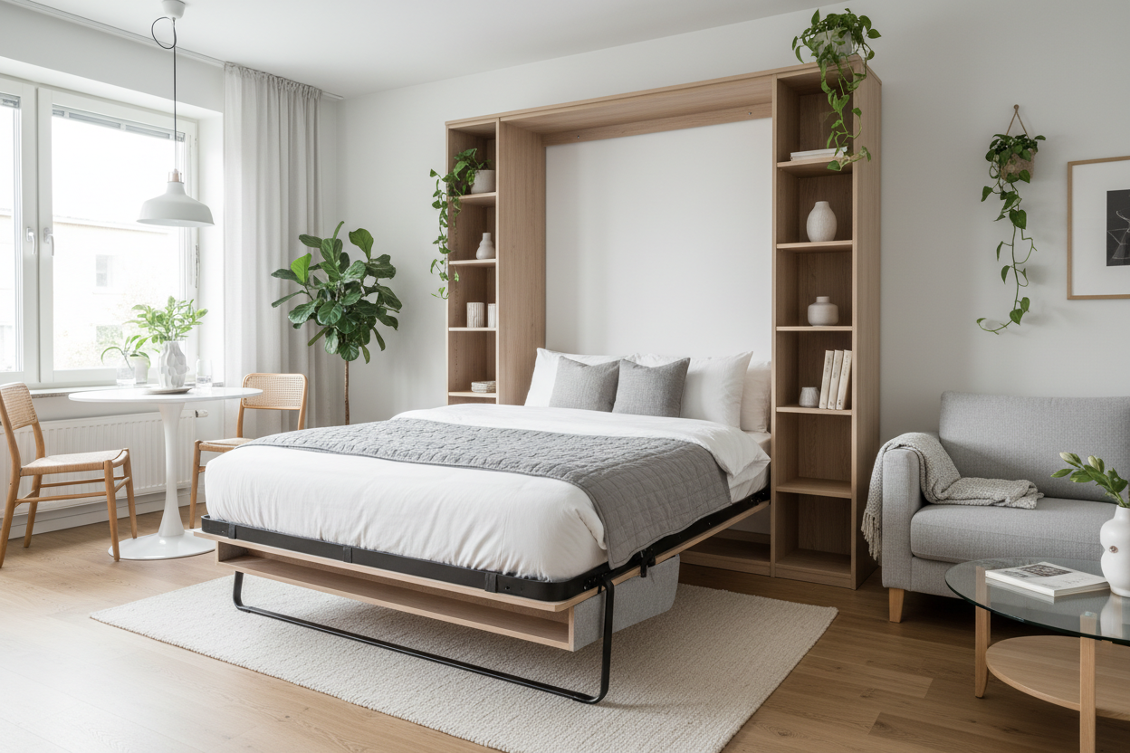 Modern living room with a pull-down murphy bed, gray sofa, round table, and indoor plants