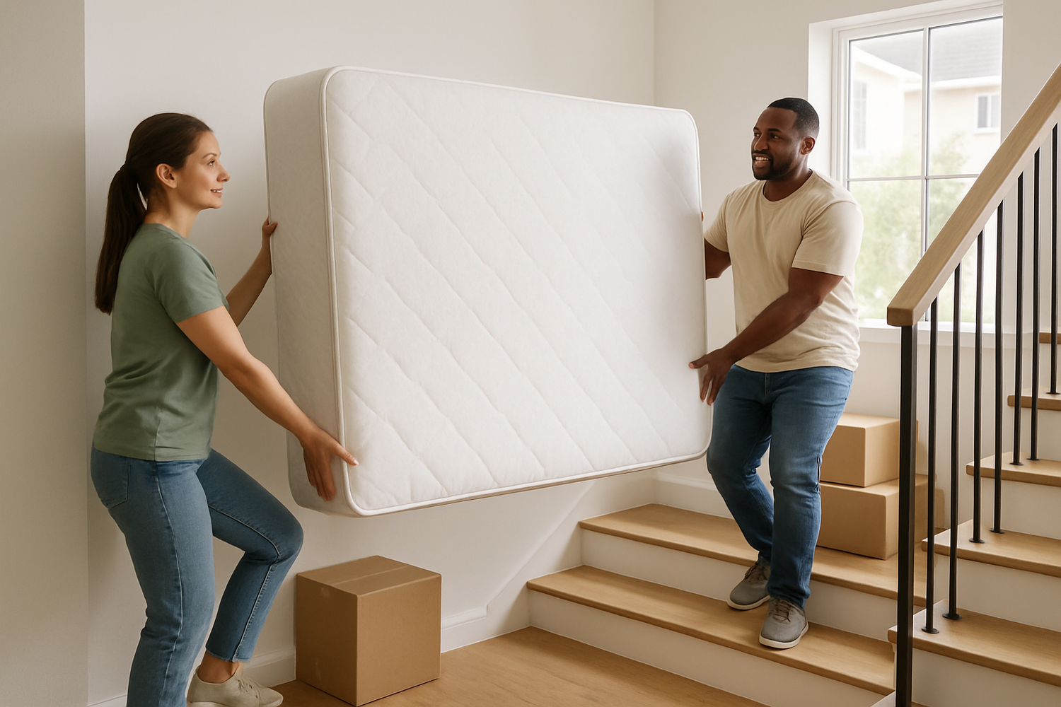 Couple carrying white mattress up wooden stairs in bright home with moving boxes