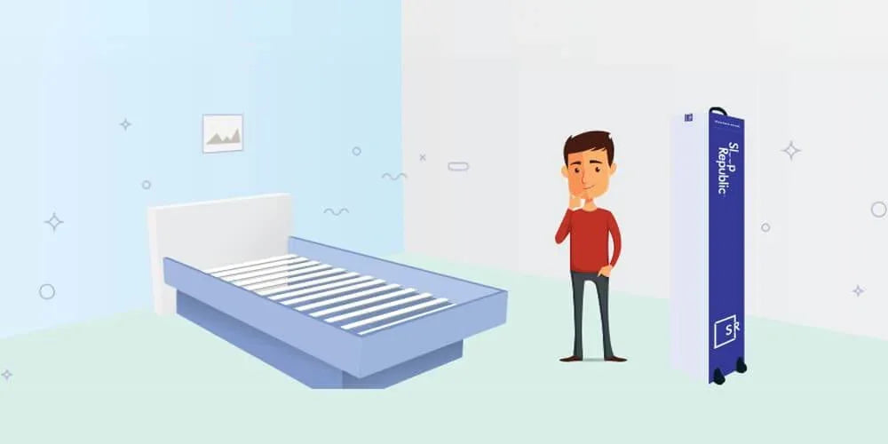 Illustration of man thinking beside a blue slatted bed frame and SR Republic mattress in box