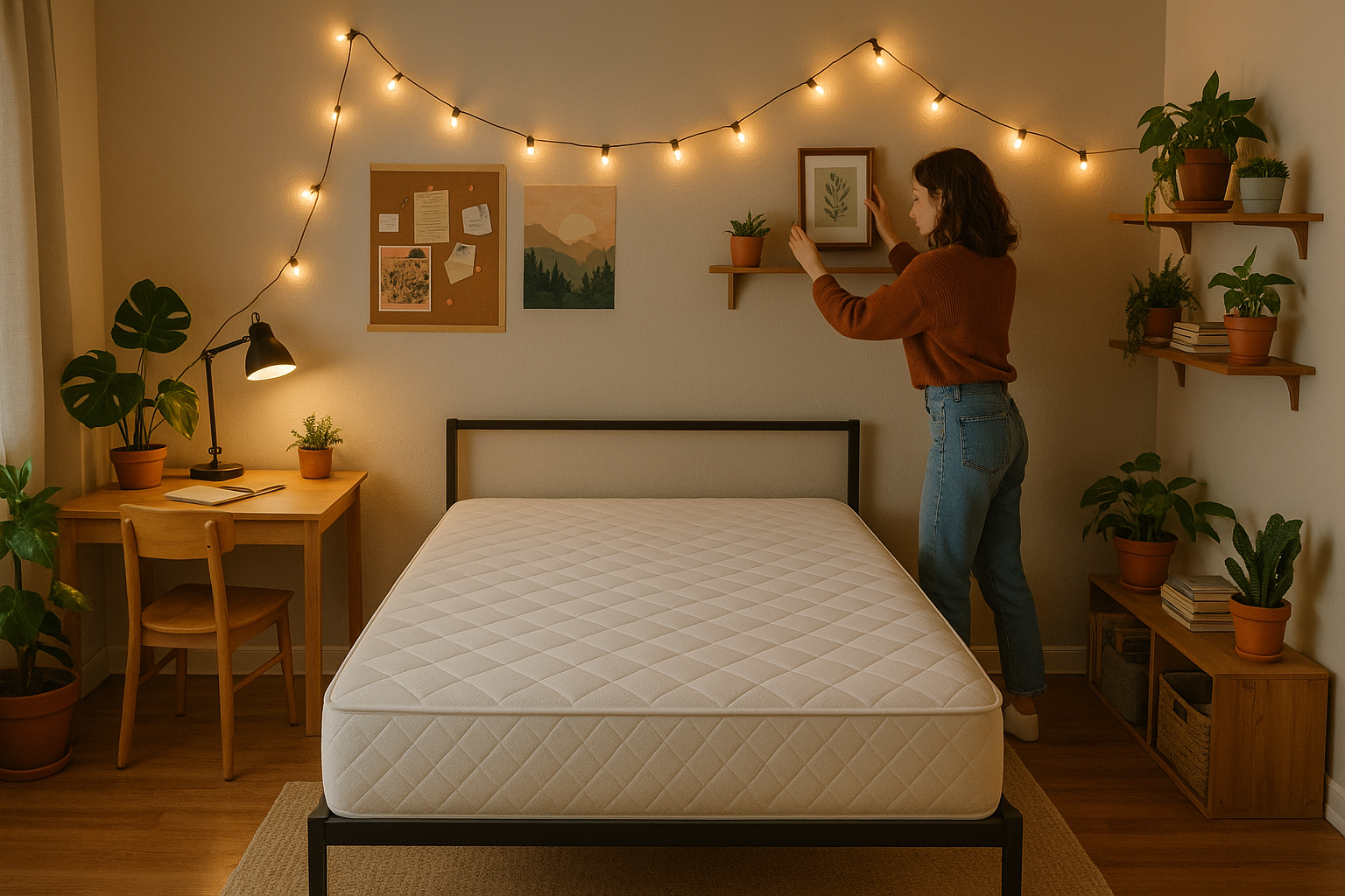 Cozy bedroom with queen mattress on black frame, string lights, plants, and a woman hanging a picture