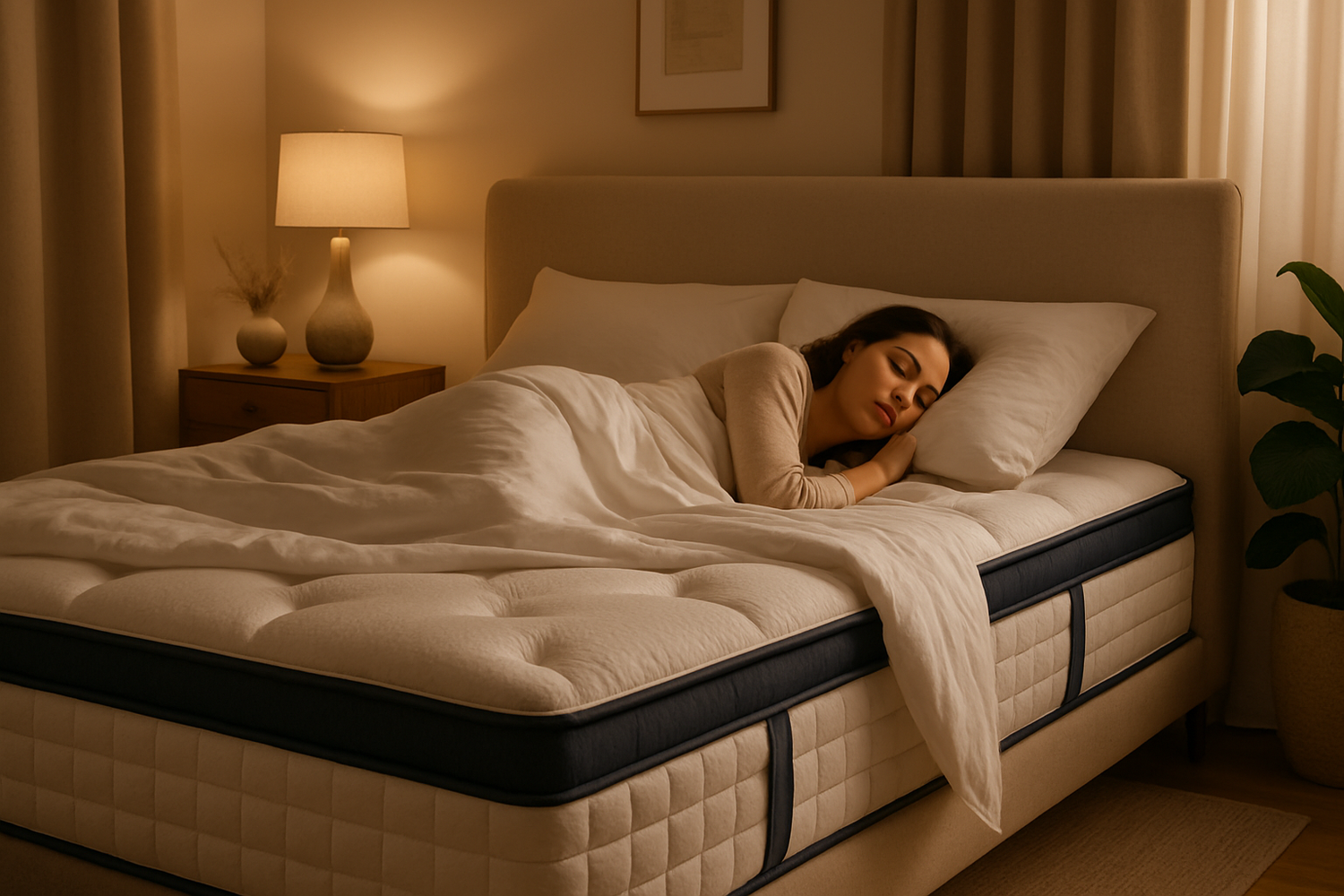 Woman peacefully sleeping on a luxury mattress in a warmly lit bedroom with beige tones