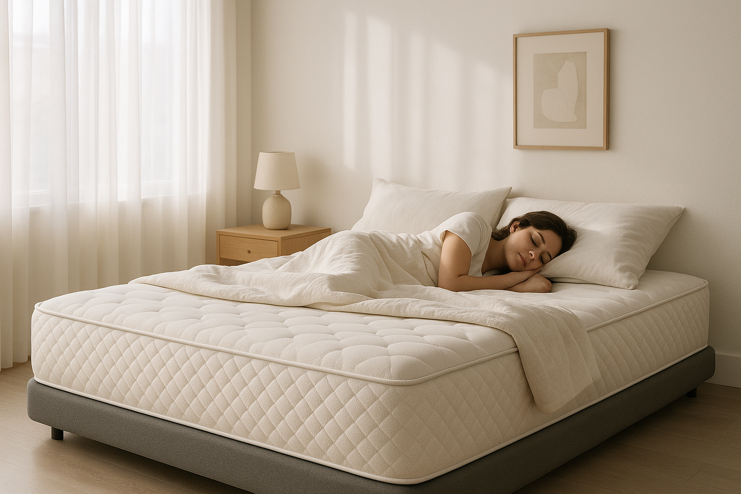 Woman sleeping on a modern beige mattress in a softly lit, minimalist bedroom with neutral decor