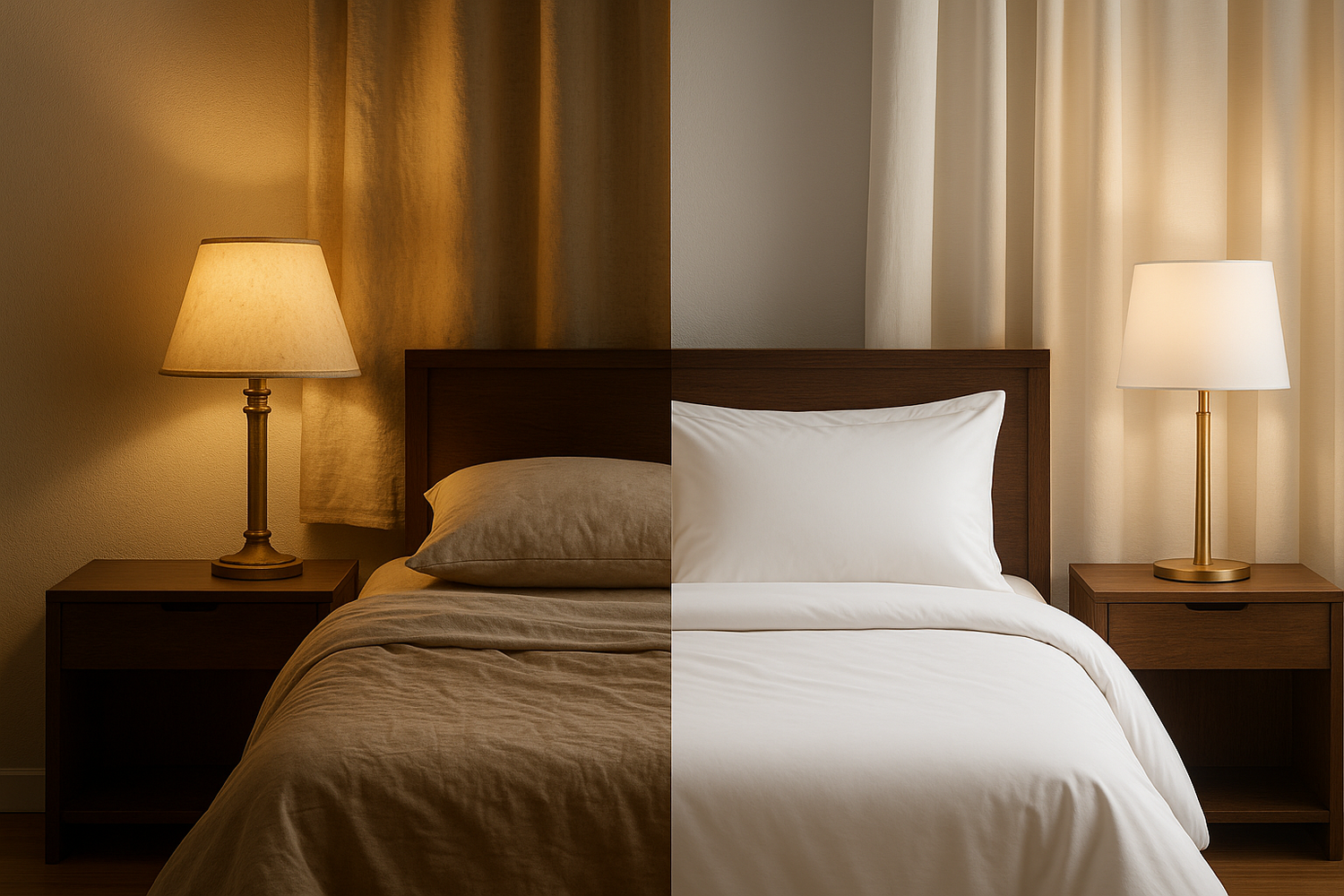 Split image of bed and nightstand showing outdated beige bedding and lamp vs modern white bedding and lamp upgrade
