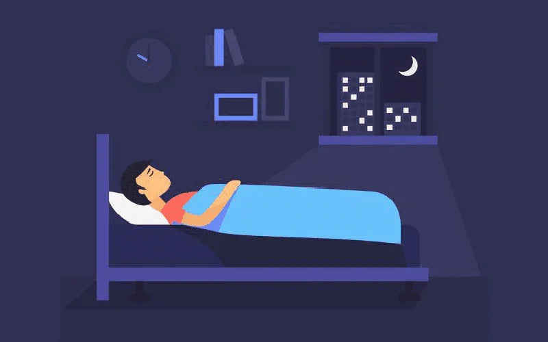 Illustration of a person sleeping in bed at night with a crescent moon and city lights outside the window