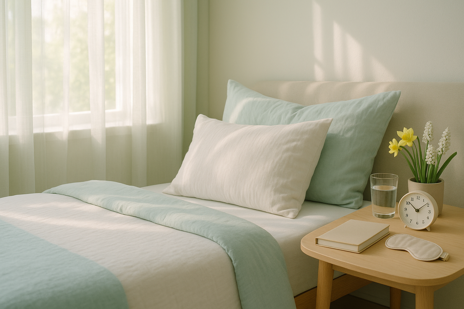 Cozy bed with pastel blue and white pillows and blanket next to wooden bedside table with clock, book, water, and flowers
