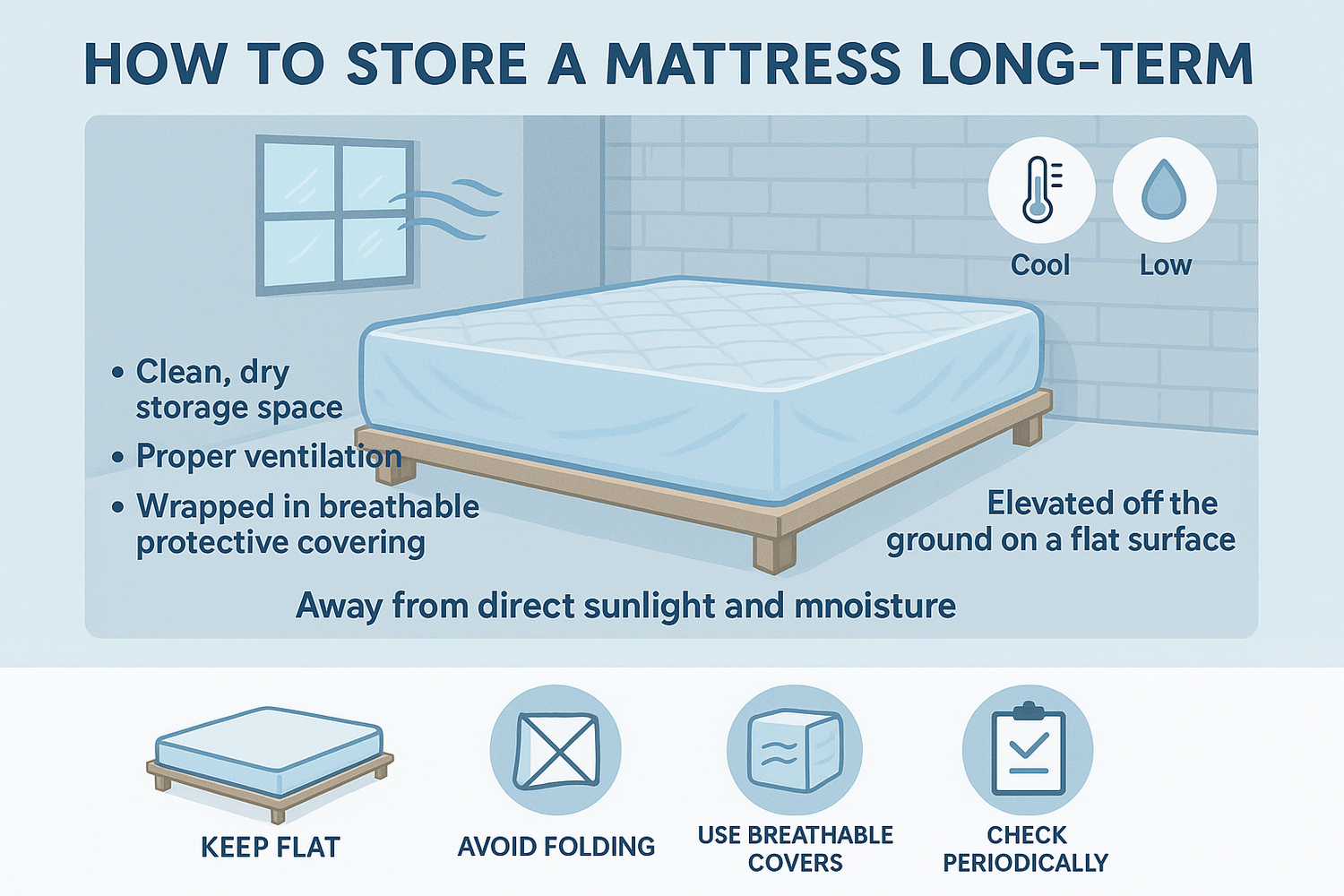 Infographic showing how to store a mattress long-term with tips on ventilation, flat surface, breathable cover, and cool dry space