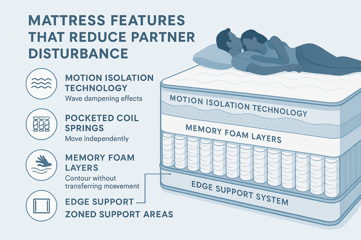 Illustration of mattress layers reducing partner disturbance with motion isolation, pocketed coils, memory foam, and edge support