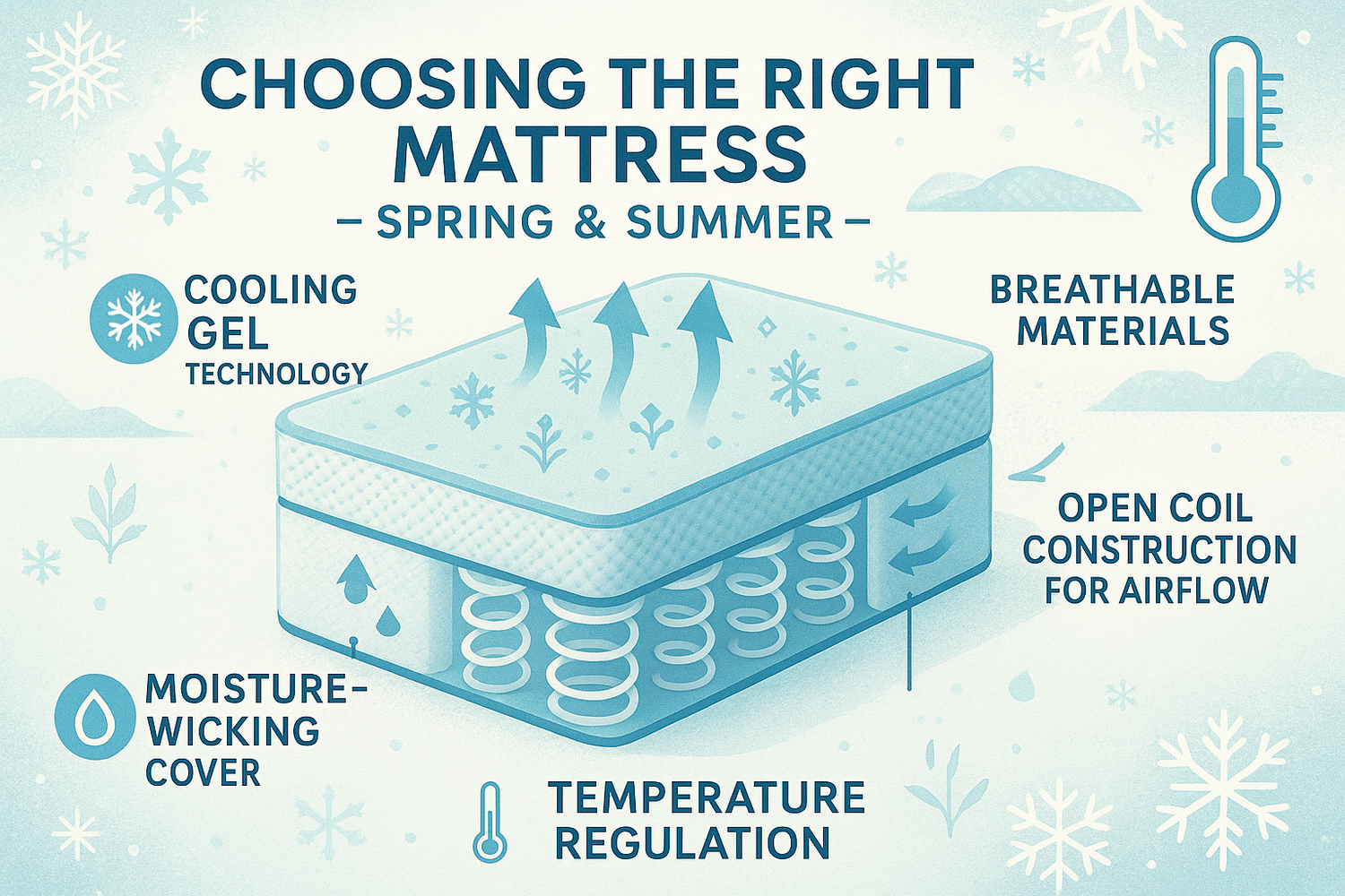 Infographic showing mattress features for spring and summer including cooling gel, moisture-wicking cover, breathable materials, open coil airflow, and temperature regulation.