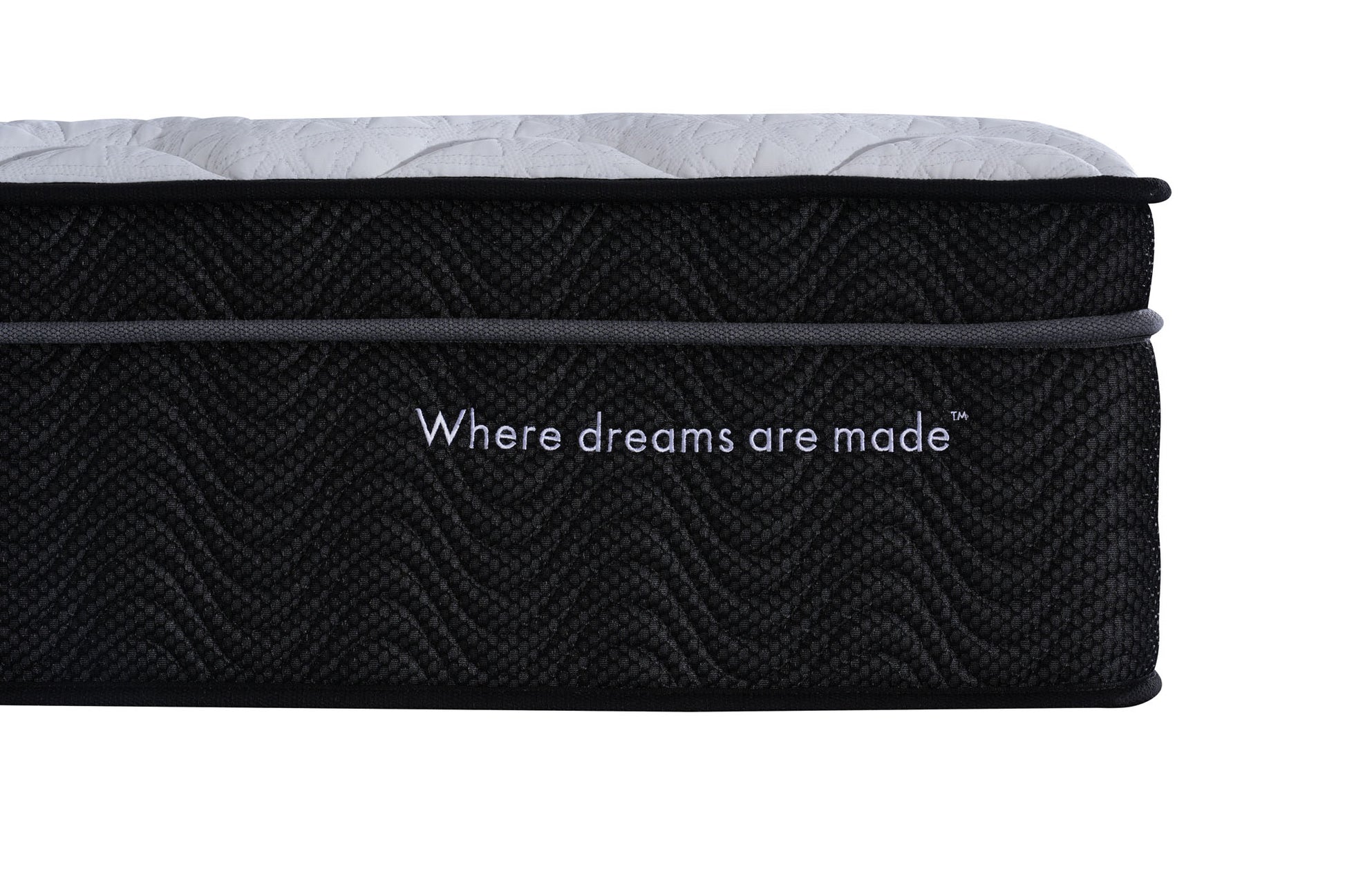 Black mattress with 'Where dreams are made' text on a white background
