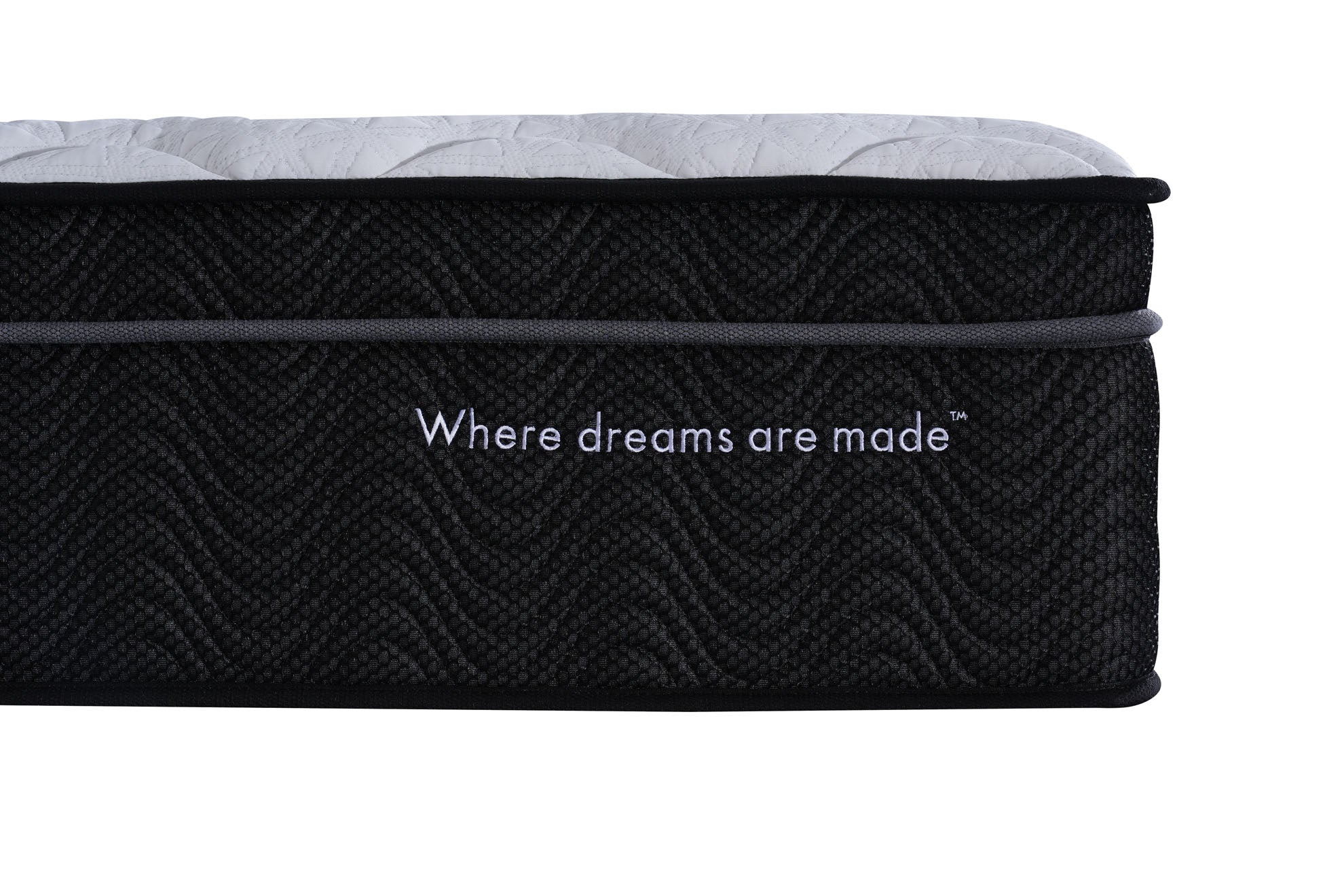 Black mattress with 'Where dreams are made' text on a white background